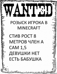 РОЗЫСК ИГРОКА В MINECRAFT СТИВ РОСТ 8 МЕТРОВ ЧЛЕН А САМ 1,5 ДЕВУШКИ НЕТ ЕСТЬ БАБУШКА