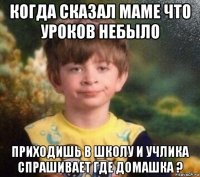 когда сказал маме что уроков небыло приходишь в школу и учлика спрашивает где домашка ?