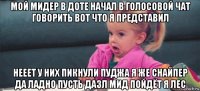 мой мидер в доте начал в голосовой чат говорить вот что я представил нееет у них пикнули пуджа я же снайпер да ладно пусть дазл мид пойдёт я лес