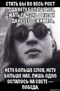 стать бы во весь pост — да нету больше ног, сжать ладонь в кулак — да нечего сжимать, hету больше слов, нету больше нас, лишь одно осталось на свете — победа.