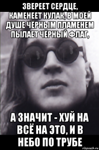 звереет сердце, каменеет кулак, в моей душе чёрным пламенем пылает чёрный флаг, а значит - хуй на всё на это, и в небо по трубе