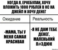 Когда я, Еркебулан, хочу вложить 1000 рублей в кс на джейл и хочу денег -Мама, ты у меня самая красивая -Я не дам тебе денег, маленький п#здюк