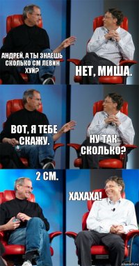 Андрей, а ты знаешь сколько см левин хуй? Нет, миша. Вот, я тебе скажу. Ну так сколько? 2 см. Хахаха!