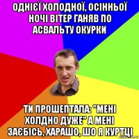 однієї холодної, осінньої ночі вітер ганяв по асвальту окурки ти прошептала: "мені холдно дуже" а мені заєбісь, харашо, шо я куртці