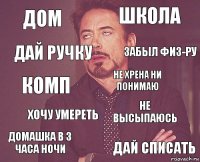 дом школа комп домашка в 3 часа ночи не высыпаюсь не хрена ни понимаю хочу умереть дай списать дай ручку забыл физ-ру