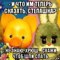 - и что им теперь сказать, степашка? - не знаю, хрюш... скажи, чтоб шли спать