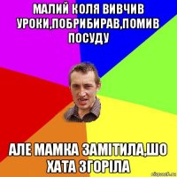 малий коля вивчив уроки,побрибирав,помив посуду але мамка замітила,шо хата згоріла