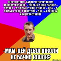 невропатолог задає чотирирічному пацієнту питання: – скільки у киці лапок? – чотири. – а скільки у киці вушок? – два. – а скільки у киці оченяток? – два. – а скільки у киці хвостиків? -мам, цей дебіл ніколи не бачив кішок?