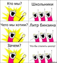 Кто мы? Школьники Чего мы хотим? Литр бинзина Зачем? Что-бы спалить школу!