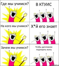 Где мы учимся? В КТУИС На кого мы учимся? Х*й его знает Зачем мы учимся? Чтобы дипломом подтирать жопу