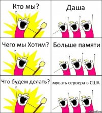 Кто мы? Даша Чего мы Хотим? Больше памяти Что будем делать? мувать сервера в США