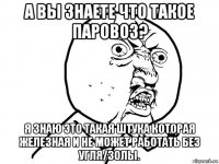 а вы знаете что такое паровоз? я знаю это такая штука которая железная и не может работать без угля/золы.