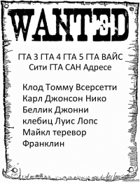 ГТА 3 ГТА 4 ГТА 5 ГТА ВАЙС Сити ГТА САН Адресе Клод Томму Всерсетти Карл Джонсон Нико Беллик Джонни клебиц Луис Лопс Майкл теревор Франклин