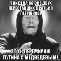 я видела во сне двух переставших драться петушков! это к перемирию путина с медведевым!