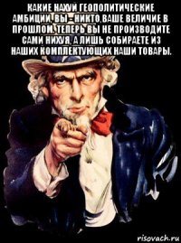 какие нахуй геополитические амбиции, вы - никто,ваше величие в прошлом. теперь вы не производите сами нихуя, а лишь собираете из наших комплектующих наши товары. 