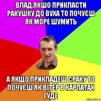 влад,якшо прикласти ракушку до вуха то почуєш як море шумить а якщо прикладеш сраку то почуєш як вітер в карпатах гуде