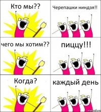 Кто мы?? Черепашки ниндзя!! чего мы хотим?? пиццу!!! Когда? каждый день