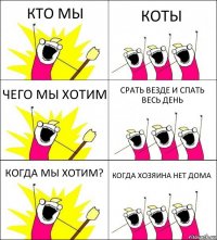 КТО МЫ КОТЫ ЧЕГО МЫ ХОТИМ СРАТЬ ВЕЗДЕ И СПАТЬ ВЕСЬ ДЕНЬ КОГДА МЫ ХОТИМ? КОГДА ХОЗЯИНА НЕТ ДОМА