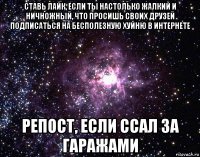 ставь лайк, если ты настолько жалкий и ничножный, что просишь своих друзей подписаться на бесполезную хуйню в интернете репост, если ссал за гаражами