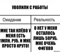 Уволили с работы Мне так клёво у меня есть 1млн. Руб. И мне просто круто! О нет у меня осталось лишь 50руб. Мне очень фигово