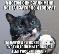 а потом они взяли меня вот так за горло и говорят ты накуя других котов сюда пустил,если мы толькона тебя рассчитывали!