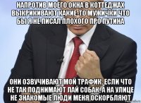 напротив моего окна в коттеджах выкрикивают какие-то мужички что бы я не писал плохого про путина они озвучивают мой трафик, если что не так поднимают лай собак, а на улице не знакомые люди меня оскорбляют