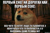 первый снег на дорогах как первый секс: все чего-то хотят, куда-то тыкаются, у некоторых что-то получается, а у половины даже резины нет