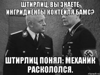 штирлиц, вы знаете ингридиенты коктейля бамс? штирлиц понял: механик раскололся.