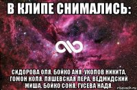 в клипе снимались: сидорова оля. бойко аня. уколов никита. гомон коля. ляшевская лера. ведмидский миша. бойко соня. гусева надя.