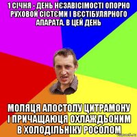 1 січня - день нєзавісімості опорно руховой сістєми і вєстібулярного апарата. в цей день моляця апостолу цитрамону і причащаюця охлаждьоним в холодільніку росолом