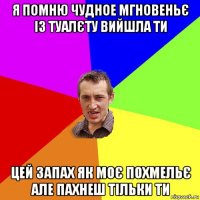 я помню чудное мгновеньє із туалєту вийшла ти цей запах як моє похмельє але пахнеш тільки ти