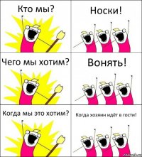 Кто мы? Носки! Чего мы хотим? Вонять! Когда мы это хотим? Когда хозяин идёт в гости!