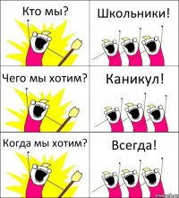 Кто мы? Школьники! Чего мы хотим? Каникул! Когда мы хотим? Всегда!