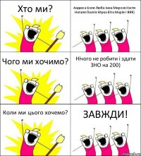 Хто ми? Андюха Коля Люба Інна Мирося Настя Наталя Паслік Юрка Віта Марія І ЯЯЯ) Чого ми хочимо? Нічого не робити і здати ЗНО на 200) Коли ми цього хочемо? ЗАВЖДИ!