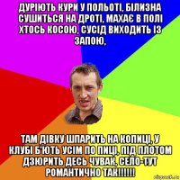 дуріють кури у польоті, білизна сушиться на дроті, махає в полі хтось косою, сусід виходить із запою, там дівку шпарить на копиці, у клубі б'ють усім по пиці, під плотом дзюрить десь чувак, село-тут романтично так!!!!!!