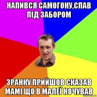 напився самогону,спав під забором зранку прийшов сказав мамі що в малеї ночував