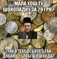 мала хош ту шоколадку за 20 грн? -так в тебе всього 5 так добавь 15 тобі шо шкода?