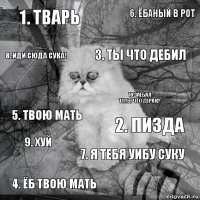 1. Тварь 2. Пизда 3. Ты что дебил 4. Ёб твою мать 5. Твою мать 6. Ёбаный в рот 7. Я тебя уибу суку 8. Иди сюда сука! 9. Хуй 10.Заебал
11.Ты что дурак?