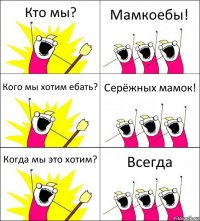 Кто мы? Мамкоебы! Кого мы хотим ебать? Серёжных мамок! Когда мы это хотим? Всегда