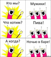 Кто мы? Мужики! Что хотим? Пива! А когда? Ночью в баре!