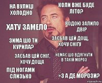 на вулиці холодно коли вже буде літо? зима шо ти курила? під ногами слизько немає шо вдягнути в такій мороз заєбав цей дощ, хочу снігу заєбав цей сніг, хочу доща +3 а де морози? хату замело водою залило двір