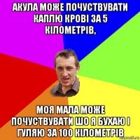 акула може почуствувати каплю крові за 5 кілометрів, моя мала може почуствувати шо я бухаю і гуляю за 100 кілометрів