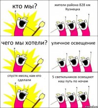 кто мы? жители района 828 км Кузнецка чего мы хотели? уличное освещение спустя месяц нам его сделали 5 светильников освещают наш путь по ночам