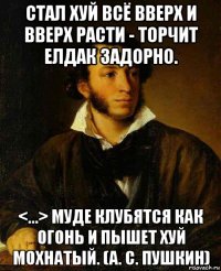 стал хуй всё вверх и вверх расти - торчит елдак задорно. <...> муде клубятся как огонь и пышет хуй мохнатый. (а. с. пушкин)