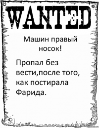 Машин правый носок! Пропал без вести,после того, как постирала Фарида.