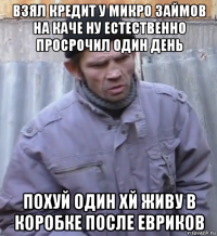 взял кредит у микро займов на каче ну естественно просрочил один день похуй один хй живу в коробке после евриков