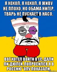 я хохол, я хохол, я живу не плохо, но обама нигер, тварь не пускает в насо. вот хотел войти в ес, дали пи*дюлей, попросился я в россию *опу показали.