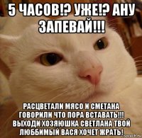 5 часов!? уже!? ану запевай!!! расцветали мясо и сметана говорили что пора вставать!!! выходи хозяюшка светлана твой люббимый вася хочет жрать!