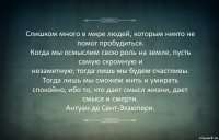 Слишком много в мире людей, которым никто не помог пробудиться.
Когда мы осмыслим свою роль на земле, пусть самую скромную и
незаметную, тогда лишь мы будем счастливы. Тогда лишь мы сможем жить и умирать спокойно, ибо то, что дает смысл жизни, дает смысл и смерти.
Антуан де Сент-Экзюпери.