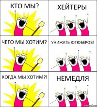 КТО МЫ? ХЕЙТЕРЫ ЧЕГО МЫ ХОТИМ? УНИЖАТЬ ЮТЮБЕРОВ! КОГДА МЫ ХОТИМ?! НЕМЕДЛЯ